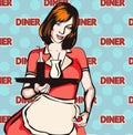 Vintage waitress with a tray, vector art. Waitress from a diner. Short skirt.