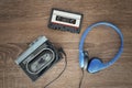 Vintage walkman, cassete and headphones. Royalty Free Stock Photo