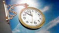 Vintage wall clock against blue sky. 3D illustration