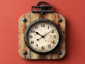Vintage wall clock with rustic wooden frame displaying time on a red background Royalty Free Stock Photo