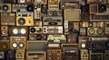 Vintage wall full of radio boombox of the 80s. Generative Ai