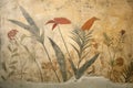 Vintage wall painting of plants and bird like Ancient fresco, flowers on yellow cracked plaster background. Concept of art, old Royalty Free Stock Photo