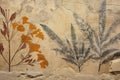 Vintage wall painting of plants like Ancient fresco, flowers on yellow cracked plaster background. Concept of art, beauty, old Royalty Free Stock Photo