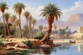 Vintage wallpaper landscape painting of palms and trees on the banks of the Nile in ancient Egypt with temples Royalty Free Stock Photo