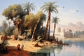 Vintage wallpaper landscape painting of palms and trees on the banks of the Nile in ancient with temple Royalty Free Stock Photo