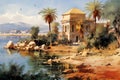Vintage wallpaper landscape painting of palms and trees on the banks of the Nile in ancient Egypt with temples Royalty Free Stock Photo