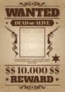 Vintage wanted western poster with blank space for criminal photo. Vector mockup Royalty Free Stock Photo