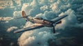 Vintage warplane soaring above clouds, countryside below Royalty Free Stock Photo