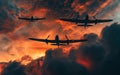 Vintage warplanes flying in formation, silhouetted against a dramatic sky with clouds and sunlight.
