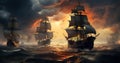 Vintage Warships Naval Fleet Amid Clouds Royalty Free Stock Photo