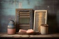 vintage washboard and soap on rustic surface