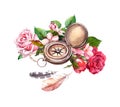 Vintage watercolor with compass, flowers, feathers. Travel concept