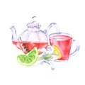 Vintage watercolor composition of glass teapot and mug