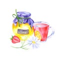 Vintage watercolor composition of honey and red tea