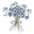 vintage watercolor illustration of a bouquet of forget-me-not flowers, tied with a lace ribbon, displaying hues of blue