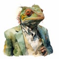 Vintage Watercolor Illustration Of A Chameleon In A Suit And Glasses Royalty Free Stock Photo