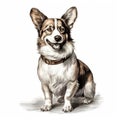 Vintage Watercolor Illustration Of A Corgi Dog In Classic Tattoo Style