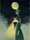 vintage watercolor illustration of two girls kissing in the deep space Royalty Free Stock Photo