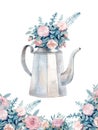 Vintage watercolor kettle with a bouquet of roses.