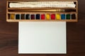 Vintage watercolor paint set with cloth, brush. Royalty Free Stock Photo