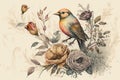Vintage Watercolor Painting Of Flowers And Bird, Created With Generative AI