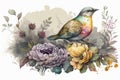 Vintage Watercolor Painting Of Flowers And Bird, Created With Generative AI