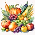 Vintage watercolor painting illustration of assorted harvest vegetables and fruits, showing abundance