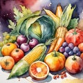 Vintage watercolor painting illustration of assorted harvest vegetables and fruits, showing abundance