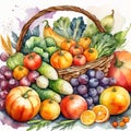 Vintage watercolor painting illustration of assorted harvest vegetables and fruits, showing abundance