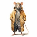 Vintage Watercolor Painting Of Rat In Coat And Shoe