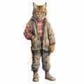 Vintage Watercolor Painting Of A Single Bobcat In Full Body View