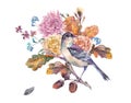 Vintage watercolor pair of birds with autumn bouquet Royalty Free Stock Photo