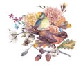 Vintage watercolor pair of birds with autumn bouquet