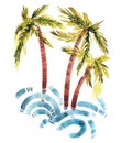 Vintage watercolor palm trees and waves card Royalty Free Stock Photo