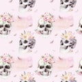 Vintage watercolor patterns with skull and roses, wildflowers, Hand drawn illustration in boho style. Floral skull