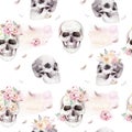 Vintage watercolor patterns with skull and roses, wildflowers, Hand drawn illustration in boho style. Floral skull Royalty Free Stock Photo