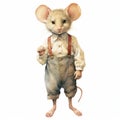 Vintage Watercolor Portrait Of A Dignified Mouse In Suspenders