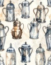 Vintage Watercolor Seamless Pattern with Antique Silver and Copper Coffee Pots and Teapots Royalty Free Stock Photo