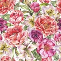 Vintage Watercolor Seamless Pattern with Blooming Flowers. Roses and Peonies, Royal Lilies