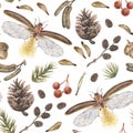 Vintage watercolor seamless pattern with fireflies, pine cone, alder catkins, seeds, acorn, rowan berries isolated. Royalty Free Stock Photo