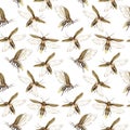 Vintage watercolor seamless pattern with fireflies on white background. Royalty Free Stock Photo