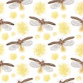 Vintage watercolor seamless pattern with glowing fireflies on white background. Royalty Free Stock Photo