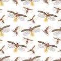Vintage watercolor seamless pattern with glowing fireflies on white background. Royalty Free Stock Photo