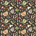 Vintage watercolor seamless pattern with hand drawn butterflies and mothes, mushrooms and herbs.