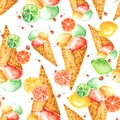 Vintage watercolor seamless pattern - wafer cone ice cream with berries