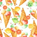 Vintage watercolor seamless pattern - wafer cone ice cream with berries Royalty Free Stock Photo