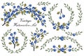 Vintage Watercolor set.Blue berrie, branches