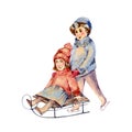 Vintage watercolor set of pair winter people sledding, ice skating on a rink. Snow outdoor activities Royalty Free Stock Photo