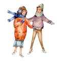 Vintage watercolor set of pair winter people sledding, ice skating on a rink. Snow outdoor activities Royalty Free Stock Photo