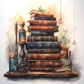 Vintage watercolor stack of books lying on the table